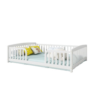 English Elm Full Size Pine Wood Floor Bed Toddler Frame with Perimeter Guardrails Safe Entry White W504P425978