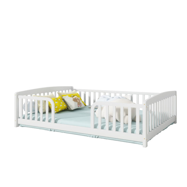 English Elm Full Size Pine Wood Floor Bed Toddler Frame with Perimeter Guardrails Safe Entry White W504P425978