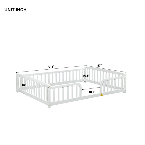English Elm Full Size Pine Wood Floor Bed Toddler Frame with Perimeter Guardrails Safe Entry White W504P425978