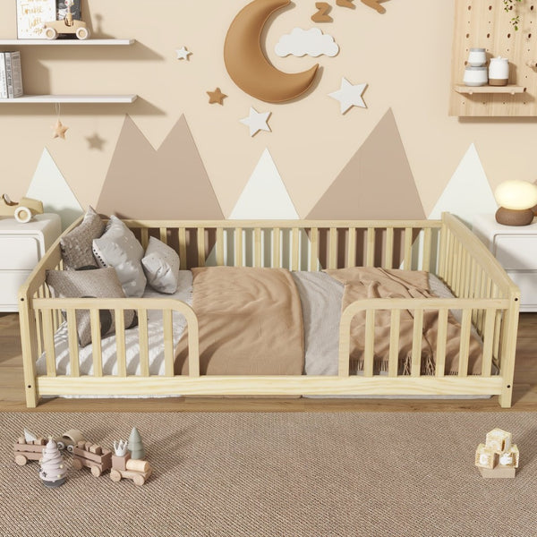 English Elm Full Size Pine Wood Floor Bed Toddler Frame with Perimeter Guardrails Safe Entry Natural W504P425980
