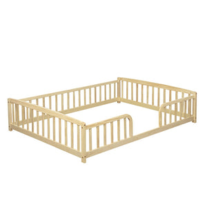 English Elm Full Size Pine Wood Floor Bed Toddler Frame with Perimeter Guardrails Safe Entry Natural W504P425980