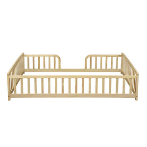 English Elm Full Size Pine Wood Floor Bed Toddler Frame with Perimeter Guardrails Safe Entry Natural W504P425980