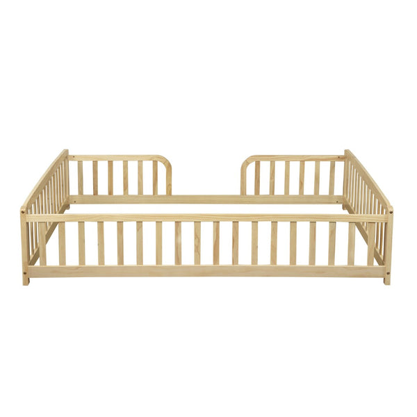 English Elm Full Size Pine Wood Floor Bed Toddler Frame with Perimeter Guardrails Safe Entry Natural W504P425980