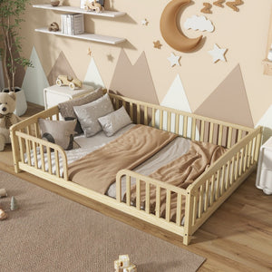 English Elm Full Size Pine Wood Floor Bed Toddler Frame with Perimeter Guardrails Safe Entry Natural W504P425980