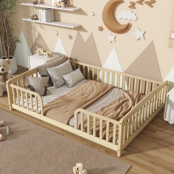 English Elm Full Size Pine Wood Floor Bed Toddler Frame with Perimeter Guardrails Safe Entry Natural W504P425980