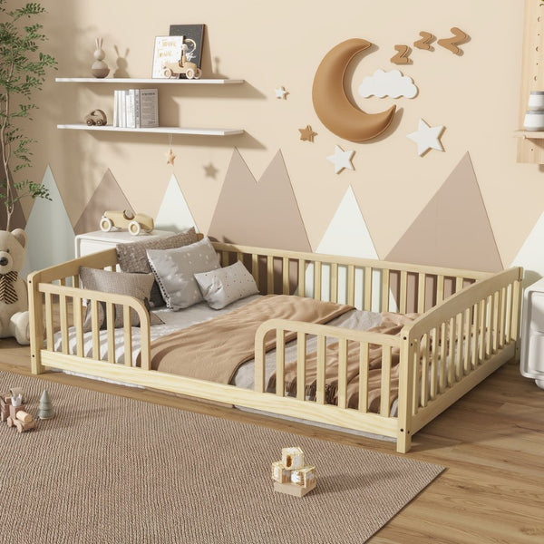 English Elm Full Size Pine Wood Floor Bed Toddler Frame with Perimeter Guardrails Safe Entry Natural W504P425980