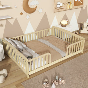 English Elm Full Size Pine Wood Floor Bed Toddler Frame with Perimeter Guardrails Safe Entry Natural W504P425980