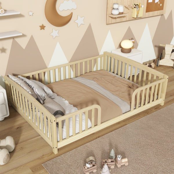 English Elm Full Size Pine Wood Floor Bed Toddler Frame with Perimeter Guardrails Safe Entry Natural W504P425980