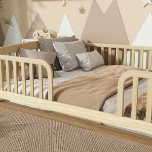 English Elm Full Size Pine Wood Floor Bed Toddler Frame with Perimeter Guardrails Safe Entry Natural W504P425980