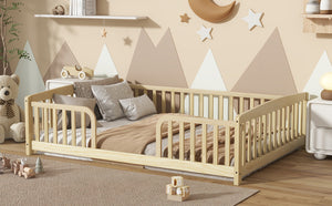 English Elm Full Size Pine Wood Floor Bed Toddler Frame with Perimeter Guardrails Safe Entry Natural W504P425980