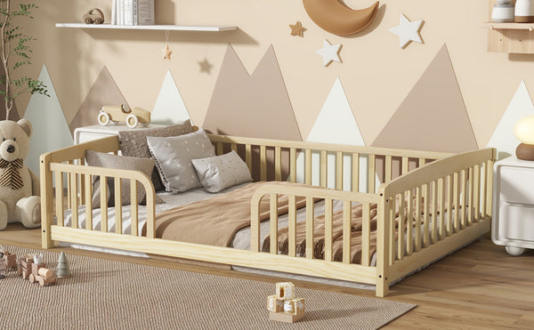 English Elm Full Size Pine Wood Floor Bed Toddler Frame with Perimeter Guardrails Safe Entry Natural W504P425980