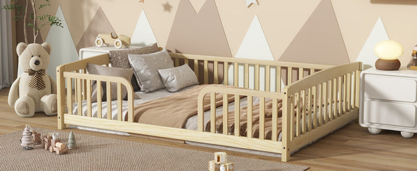 English Elm Full Size Pine Wood Floor Bed Toddler Frame with Perimeter Guardrails Safe Entry Natural W504P425980