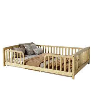 English Elm Full Size Pine Wood Floor Bed Toddler Frame with Perimeter Guardrails Safe Entry Natural W504P425980