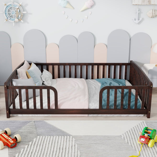 English Elm Full Size Pine Wood Floor Bed Toddler Frame with Perimeter Guardrails Safe Entry Espresso W504P425982