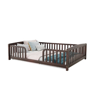 English Elm Full Size Pine Wood Floor Bed Toddler Frame with Perimeter Guardrails Safe Entry Espresso W504P425982
