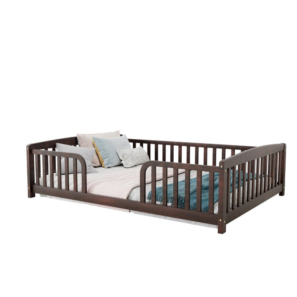 English Elm Full Size Pine Wood Floor Bed Toddler Frame with Perimeter Guardrails Safe Entry Espresso W504P425982