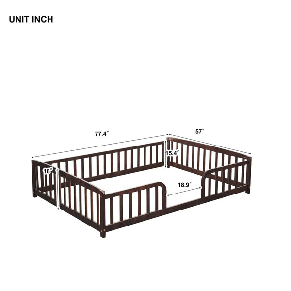 English Elm Full Size Pine Wood Floor Bed Toddler Frame with Perimeter Guardrails Safe Entry Espresso W504P425982