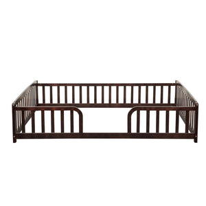English Elm Full Size Pine Wood Floor Bed Toddler Frame with Perimeter Guardrails Safe Entry Espresso W504P425982