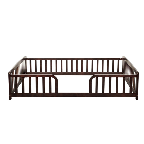 English Elm Full Size Pine Wood Floor Bed Toddler Frame with Perimeter Guardrails Safe Entry Espresso W504P425982