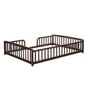 English Elm Full Size Pine Wood Floor Bed Toddler Frame with Perimeter Guardrails Safe Entry Espresso W504P425982