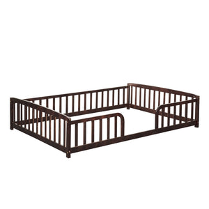 English Elm Full Size Pine Wood Floor Bed Toddler Frame with Perimeter Guardrails Safe Entry Espresso W504P425982