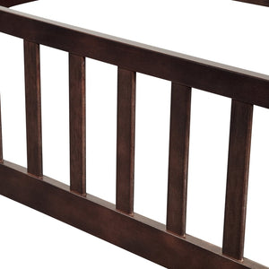 English Elm Full Size Pine Wood Floor Bed Toddler Frame with Perimeter Guardrails Safe Entry Espresso W504P425982
