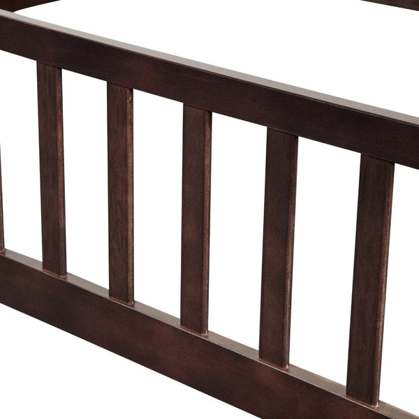 English Elm Full Size Pine Wood Floor Bed Toddler Frame with Perimeter Guardrails Safe Entry Espresso W504P425982