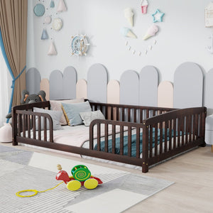 English Elm Full Size Pine Wood Floor Bed Toddler Frame with Perimeter Guardrails Safe Entry Espresso W504P425982