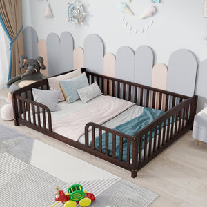 English Elm Full Size Pine Wood Floor Bed Toddler Frame with Perimeter Guardrails Safe Entry Espresso W504P425982