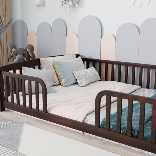 English Elm Full Size Pine Wood Floor Bed Toddler Frame with Perimeter Guardrails Safe Entry Espresso W504P425982