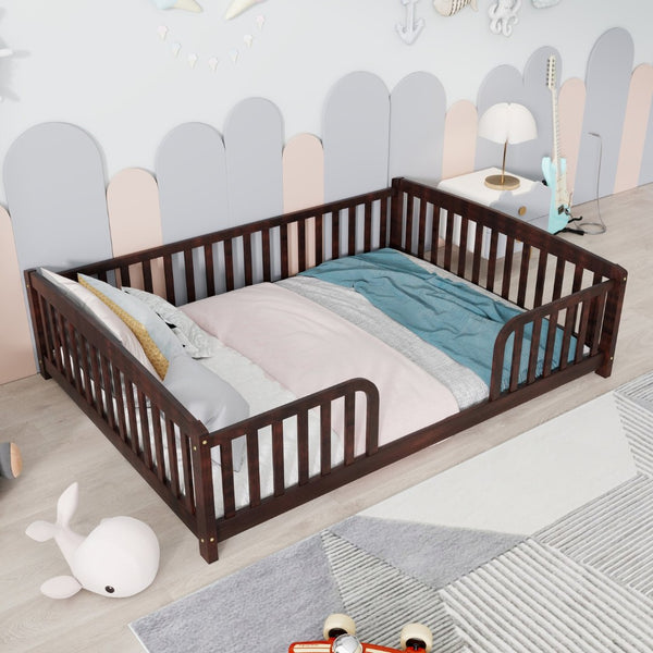 English Elm Full Size Pine Wood Floor Bed Toddler Frame with Perimeter Guardrails Safe Entry Espresso W504P425982