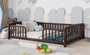 English Elm Full Size Pine Wood Floor Bed Toddler Frame with Perimeter Guardrails Safe Entry Espresso W504P425982