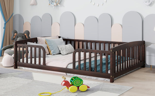 English Elm Full Size Pine Wood Floor Bed Toddler Frame with Perimeter Guardrails Safe Entry Espresso W504P425982