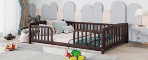 English Elm Full Size Pine Wood Floor Bed Toddler Frame with Perimeter Guardrails Safe Entry Espresso W504P425982