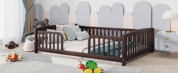 English Elm Full Size Pine Wood Floor Bed Toddler Frame with Perimeter Guardrails Safe Entry Espresso W504P425982