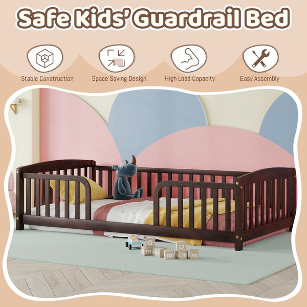 English Elm Full Size Pine Wood Floor Bed Toddler Frame with Perimeter Guardrails Safe Entry Espresso W504P425982