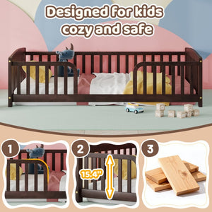 English Elm Full Size Pine Wood Floor Bed Toddler Frame with Perimeter Guardrails Safe Entry Espresso W504P425982