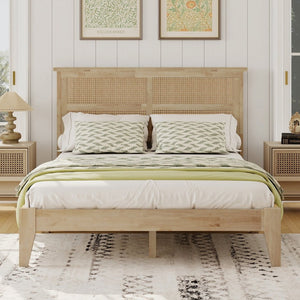 English Elm Full Platform Bed Solid Rubberwood Frame Woven Rattan Headboard Coastal Organic Bedroom W504P426264