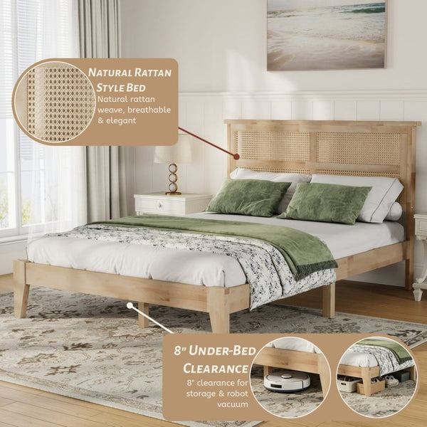 English Elm Full Platform Bed Solid Rubberwood Frame Woven Rattan Headboard Coastal Organic Bedroom W504P426264