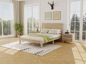 English Elm Full Platform Bed Solid Rubberwood Frame Woven Rattan Headboard Coastal Organic Bedroom W504P426264