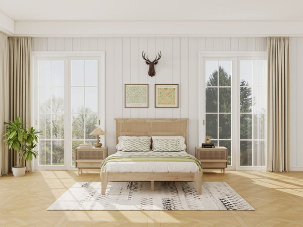 English Elm Full Platform Bed Solid Rubberwood Frame Woven Rattan Headboard Coastal Organic Bedroom W504P426264