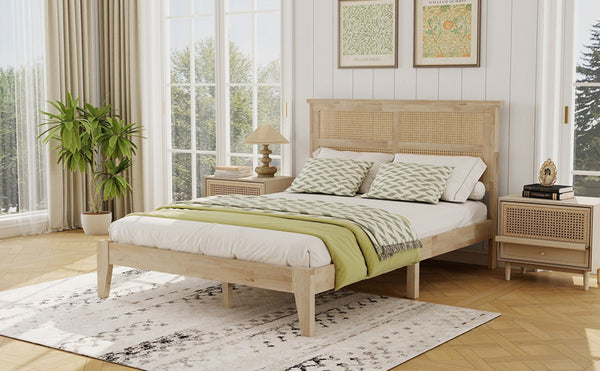 English Elm Full Platform Bed Solid Rubberwood Frame Woven Rattan Headboard Coastal Organic Bedroom W504P426264