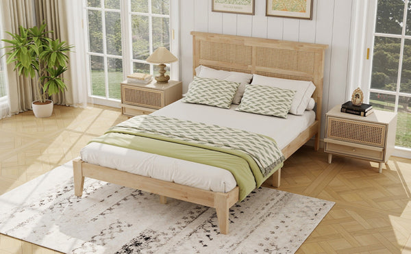 English Elm Full Platform Bed Solid Rubberwood Frame Woven Rattan Headboard Coastal Organic Bedroom W504P426264
