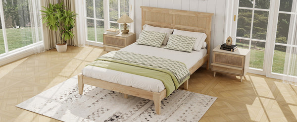 English Elm Full Platform Bed Solid Rubberwood Frame Woven Rattan Headboard Coastal Organic Bedroom W504P426264