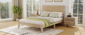 English Elm Full Platform Bed Solid Rubberwood Frame Woven Rattan Headboard Coastal Organic Bedroom W504P426264