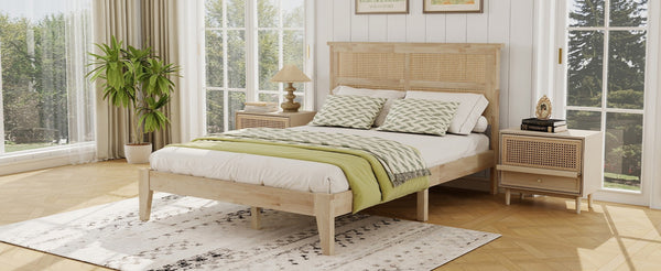 English Elm Full Platform Bed Solid Rubberwood Frame Woven Rattan Headboard Coastal Organic Bedroom W504P426264