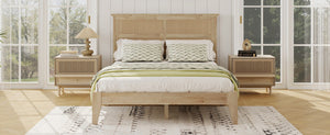 English Elm Full Platform Bed Solid Rubberwood Frame Woven Rattan Headboard Coastal Organic Bedroom W504P426264