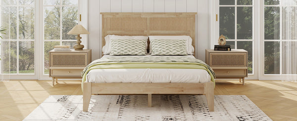 English Elm Full Platform Bed Solid Rubberwood Frame Woven Rattan Headboard Coastal Organic Bedroom W504P426264