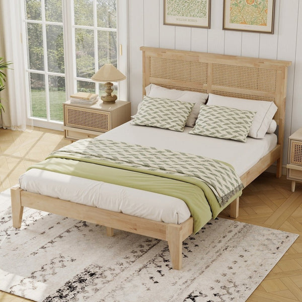 English Elm Full Platform Bed Solid Rubberwood Frame Woven Rattan Headboard Coastal Organic Bedroom W504P426264