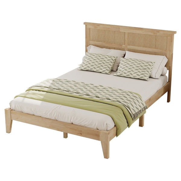 English Elm Full Platform Bed Solid Rubberwood Frame Woven Rattan Headboard Coastal Organic Bedroom W504P426264